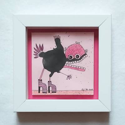 Original Zeichnung, Tusche und Mischtechnik, KlexMonster auf rosa 