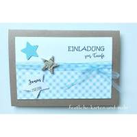 Einladungskarte zur Taufe Sterne Birkenstern rustikal Karo hellblau A6 personalisiert Bild 1
