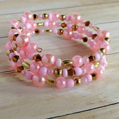 Wickelarmband, rosa-goldfarben, für schmale Handgelenke, Spiralarmband, Armband, Armreif, Armband zum Wickeln, ohne Verschluss, Memory Wire