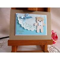 Karte zur Geburt/Taufe, Geburtskarte für einen Jungen in hellblau mit Spitzendeckchen und Teddy Bild 1