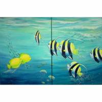 Original Acrylgemälde TROPICAL FISHES - Kunst Riff Fische gemalt Bild Deko Leinwandbild 2-teilig, insgesamt 120cm x 80cm Bild 1