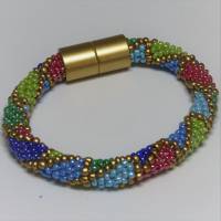 Armband, Häkelarmband, goldige Rauten, gold, bunt, Länge 20 cm, Glasperlen gehäkelt, Perlenarmband Bild 3