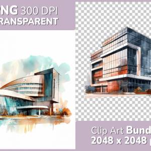 Moderne Architektur Clipart Bundle, 8x PNG Bilder Transparenter Hintergrund, Aquarell gemalte Futuristische Gebäude Bild 1
