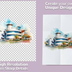 Moderne Architektur Clipart Bundle, 8x PNG Bilder Transparenter Hintergrund, Aquarell gemalte Futuristische Gebäude Bild 2