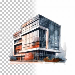Moderne Architektur Clipart Bundle, 8x PNG Bilder Transparenter Hintergrund, Aquarell gemalte Futuristische Gebäude Bild 4