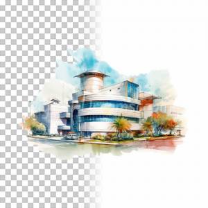 Moderne Architektur Clipart Bundle, 8x PNG Bilder Transparenter Hintergrund, Aquarell gemalte Futuristische Gebäude Bild 5
