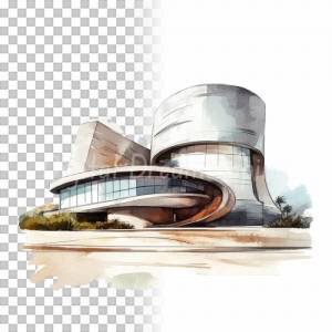 Moderne Architektur Clipart Bundle, 8x PNG Bilder Transparenter Hintergrund, Aquarell gemalte Futuristische Gebäude Bild 6