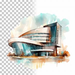 Moderne Architektur Clipart Bundle, 8x PNG Bilder Transparenter Hintergrund, Aquarell gemalte Futuristische Gebäude Bild 8