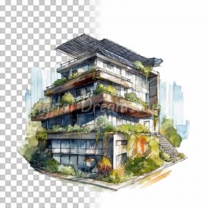 Moderne Architektur Clipart Bundle, 8x PNG Bilder Transparenter Hintergrund, Aquarell gemalte Futuristische Gebäude Bild 9