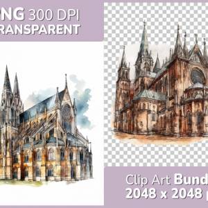 Mittelalter Kathedrale Clipart Bundle, 8x PNG Bilder Transparenter Hintergrund, Aquarell gemalte Kathedralen & Kirchen Bild 1