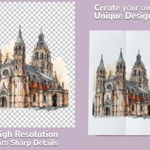 Mittelalter Kathedrale Clipart Bundle, 8x PNG Bilder Transparenter Hintergrund, Aquarell gemalte Kathedralen & Kirchen Bild 2