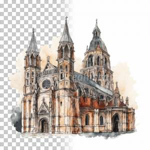 Mittelalter Kathedrale Clipart Bundle, 8x PNG Bilder Transparenter Hintergrund, Aquarell gemalte Kathedralen & Kirchen Bild 4