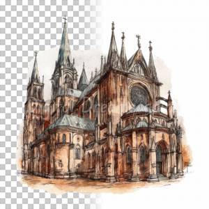 Mittelalter Kathedrale Clipart Bundle, 8x PNG Bilder Transparenter Hintergrund, Aquarell gemalte Kathedralen & Kirchen Bild 5