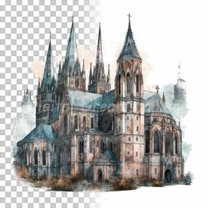 Mittelalter Kathedrale Clipart Bundle, 8x PNG Bilder Transparenter Hintergrund, Aquarell gemalte Kathedralen & Kirchen Bild 6