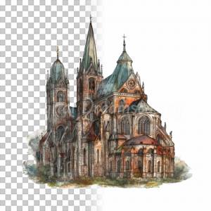 Mittelalter Kathedrale Clipart Bundle, 8x PNG Bilder Transparenter Hintergrund, Aquarell gemalte Kathedralen & Kirchen Bild 7