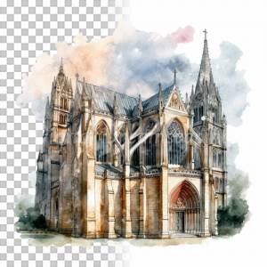 Mittelalter Kathedrale Clipart Bundle, 8x PNG Bilder Transparenter Hintergrund, Aquarell gemalte Kathedralen & Kirchen Bild 8