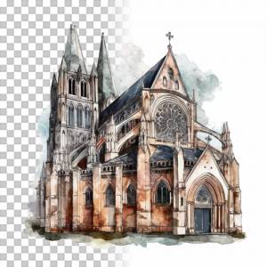 Mittelalter Kathedrale Clipart Bundle, 8x PNG Bilder Transparenter Hintergrund, Aquarell gemalte Kathedralen & Kirchen Bild 9