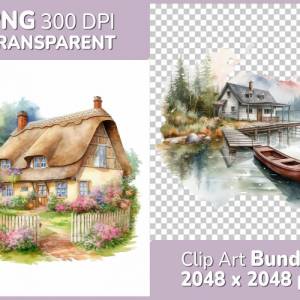 Landhaus Clipart Bundle, 8x PNG Bilder Transparenter Hintergrund, Aquarell gemalte Landhäuser, Freigestellte Grafik Bild 1