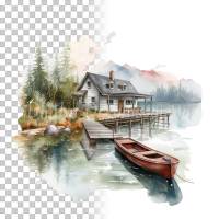 Landhaus Clipart Bundle, 8x PNG Bilder Transparenter Hintergrund, Aquarell gemalte Landhäuser, Freigestellte Grafik Bild 10