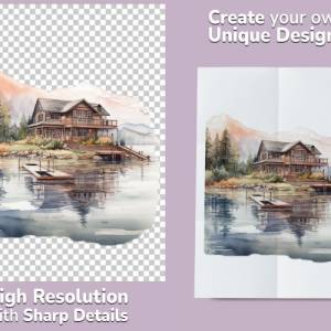 Landhaus Clipart Bundle, 8x PNG Bilder Transparenter Hintergrund, Aquarell gemalte Landhäuser, Freigestellte Grafik Bild 2