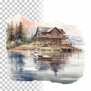 Landhaus Clipart Bundle, 8x PNG Bilder Transparenter Hintergrund, Aquarell gemalte Landhäuser, Freigestellte Grafik Bild 8