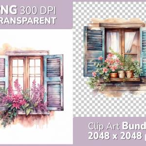 Fensterladen Clipart Bundle, 8x PNG Bilder Transparent Hintergrund, Aquarell gemalte Fensterläden, Freigestellte Grafik Bild 1