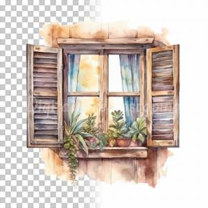 Fensterladen Clipart Bundle, 8x PNG Bilder Transparent Hintergrund, Aquarell gemalte Fensterläden, Freigestellte Grafik Bild 3