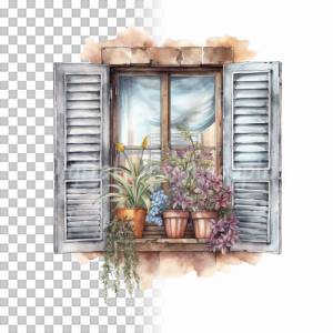 Fensterladen Clipart Bundle, 8x PNG Bilder Transparent Hintergrund, Aquarell gemalte Fensterläden, Freigestellte Grafik Bild 4
