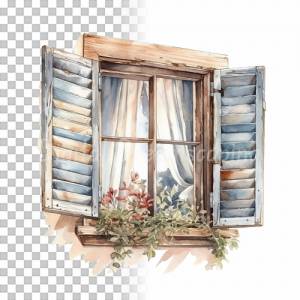 Fensterladen Clipart Bundle, 8x PNG Bilder Transparent Hintergrund, Aquarell gemalte Fensterläden, Freigestellte Grafik Bild 5