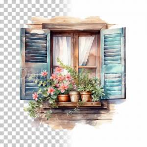 Fensterladen Clipart Bundle, 8x PNG Bilder Transparent Hintergrund, Aquarell gemalte Fensterläden, Freigestellte Grafik Bild 6