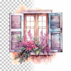 Fensterladen Clipart Bundle, 8x PNG Bilder Transparent Hintergrund, Aquarell gemalte Fensterläden, Freigestellte Grafik Bild 7