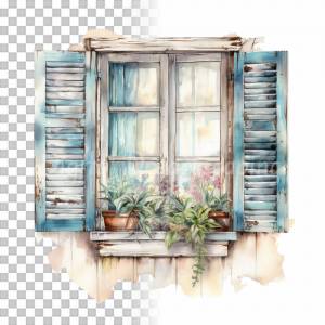 Fensterladen Clipart Bundle, 8x PNG Bilder Transparent Hintergrund, Aquarell gemalte Fensterläden, Freigestellte Grafik Bild 8