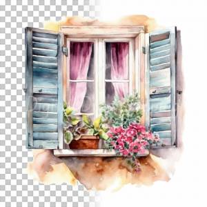 Fensterladen Clipart Bundle, 8x PNG Bilder Transparent Hintergrund, Aquarell gemalte Fensterläden, Freigestellte Grafik Bild 9