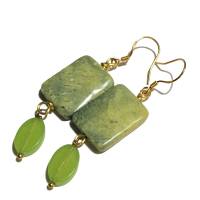 Coole Ohrringe grün handgemacht mit Achat in limegreen und Jaspis Rechteck goldfarben zum boho stil Bild 3