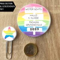 Tschüss Grundschule - 2023 - Hallo 5. Klasse in Regenbogenfarben Maxi Button & Lesezeichen im Set 3 Motive nach Wahl Bild 4