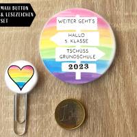 Tschüss Grundschule - 2024 - Hallo 5. Klasse in Regenbogenfarben Maxi Button & Lesezeichen im Set 3 Motive nach Bild 6