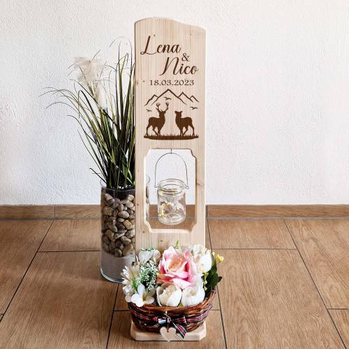 Holz Deko Schild | Hochzeitsgeschenk - Hirschmotive personalisiert mit Namen und Datum