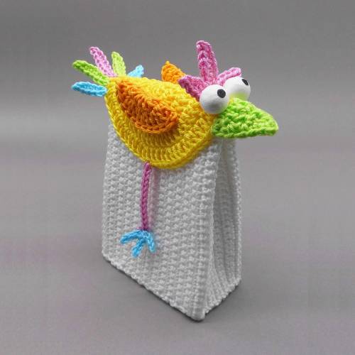 Häkelanleitung Geschenk-Tüte Gutschein-Tasche bunter Vogel - einfach aus Wollresten