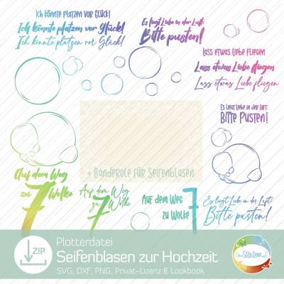 Plotterdatei/Digistamps Seifenblasen zur Hochzeit, Folienplott mit Sprüchen und Deko-Banderole für die Fläschchen