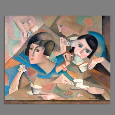 Leinwandbild Teestunde der Frauen nach einem alten Gemälde ca. 1921 Kubismus abstrakt Vintage Style Reproduktion