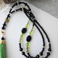 lange Kette mit Quaste, Kette mit Wechselanhänger, Perlenkette für Damen, Kette schwarz, Kette grün, lange Ketten Bild 6