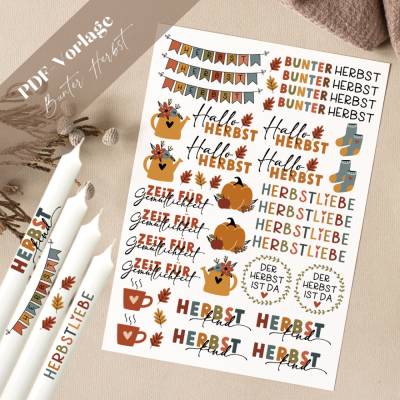Bunter Herbst PDF Vorlage Kerzentattoo Kerzensticker Kerzen Gestalten Herbstliebe Herbstzauber Herbstkind Hallo Gemütlic