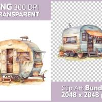 Wohnwagen Clipart Bundle, 8x PNG Bilder Transparenter Hintergrund, Aquarell gemalte Camper, Freigestellte Grafik Bild 1