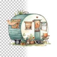 Wohnwagen Clipart Bundle, 8x PNG Bilder Transparenter Hintergrund, Aquarell gemalte Camper, Freigestellte Grafik Bild 10