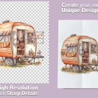 Wohnwagen Clipart Bundle, 8x PNG Bilder Transparenter Hintergrund, Aquarell gemalte Camper, Freigestellte Grafik Bild 2
