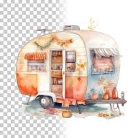 Wohnwagen Clipart Bundle, 8x PNG Bilder Transparenter Hintergrund, Aquarell gemalte Camper, Freigestellte Grafik Bild 3