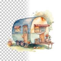 Wohnwagen Clipart Bundle, 8x PNG Bilder Transparenter Hintergrund, Aquarell gemalte Camper, Freigestellte Grafik Bild 5