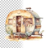 Wohnwagen Clipart Bundle, 8x PNG Bilder Transparenter Hintergrund, Aquarell gemalte Camper, Freigestellte Grafik Bild 6