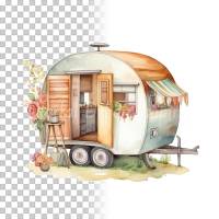 Wohnwagen Clipart Bundle, 8x PNG Bilder Transparenter Hintergrund, Aquarell gemalte Camper, Freigestellte Grafik Bild 7