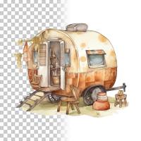 Wohnwagen Clipart Bundle, 8x PNG Bilder Transparenter Hintergrund, Aquarell gemalte Camper, Freigestellte Grafik Bild 8
